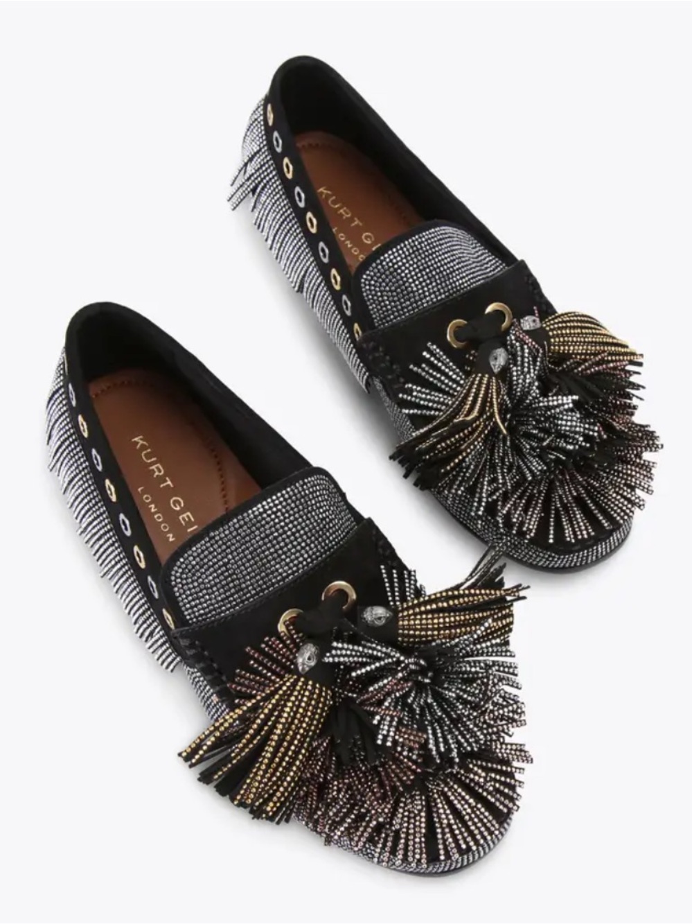 Kurt Geiger London Pom Pom Moccasin Black Silver Gold Sz37